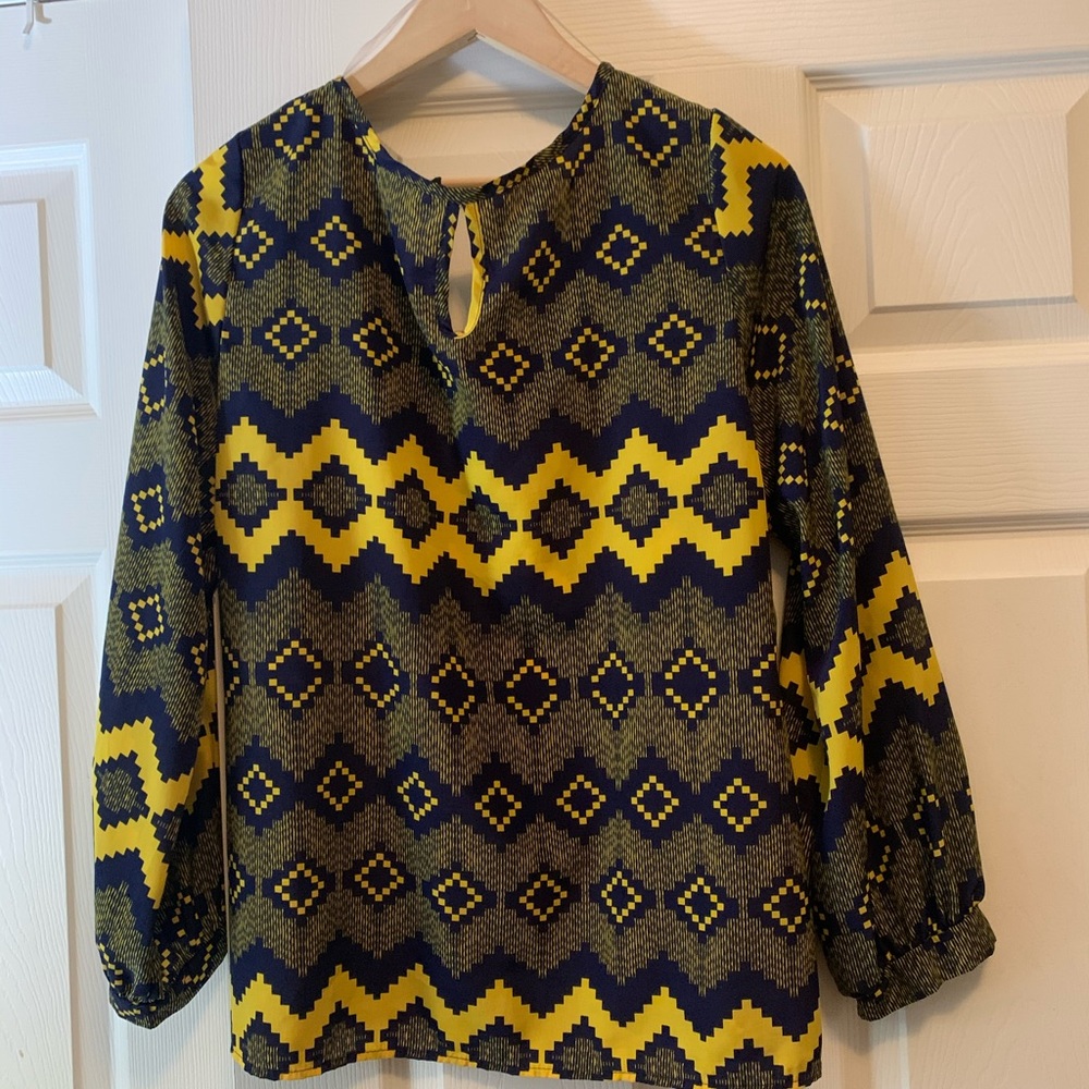 blue and gold print top